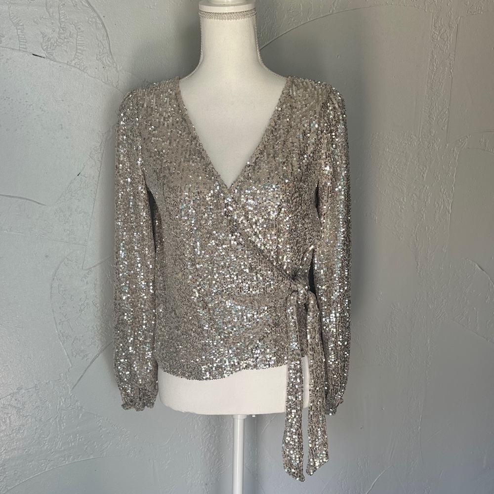 Champagne Sequin Wrap Blouse – Elegant Metallic Long Sleeve Top